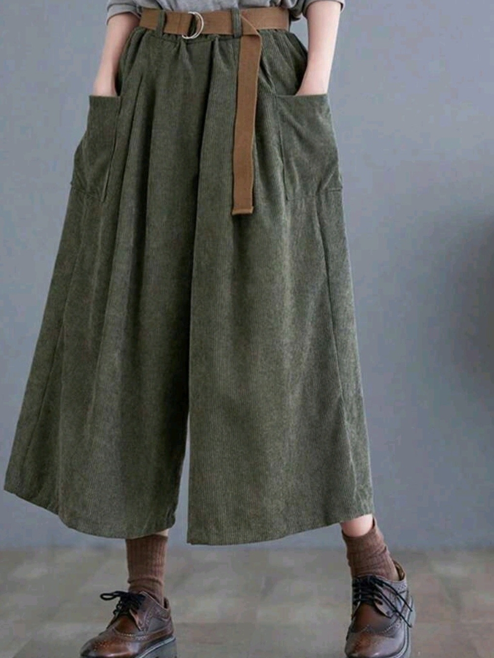 SHEIN Olive Green Wide-Leg Corduroy Trousers with Belt